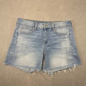 American Eagle Midi Shorts Womens Size 8 Blue Denim Raw Hem Mid Rise Cutoff